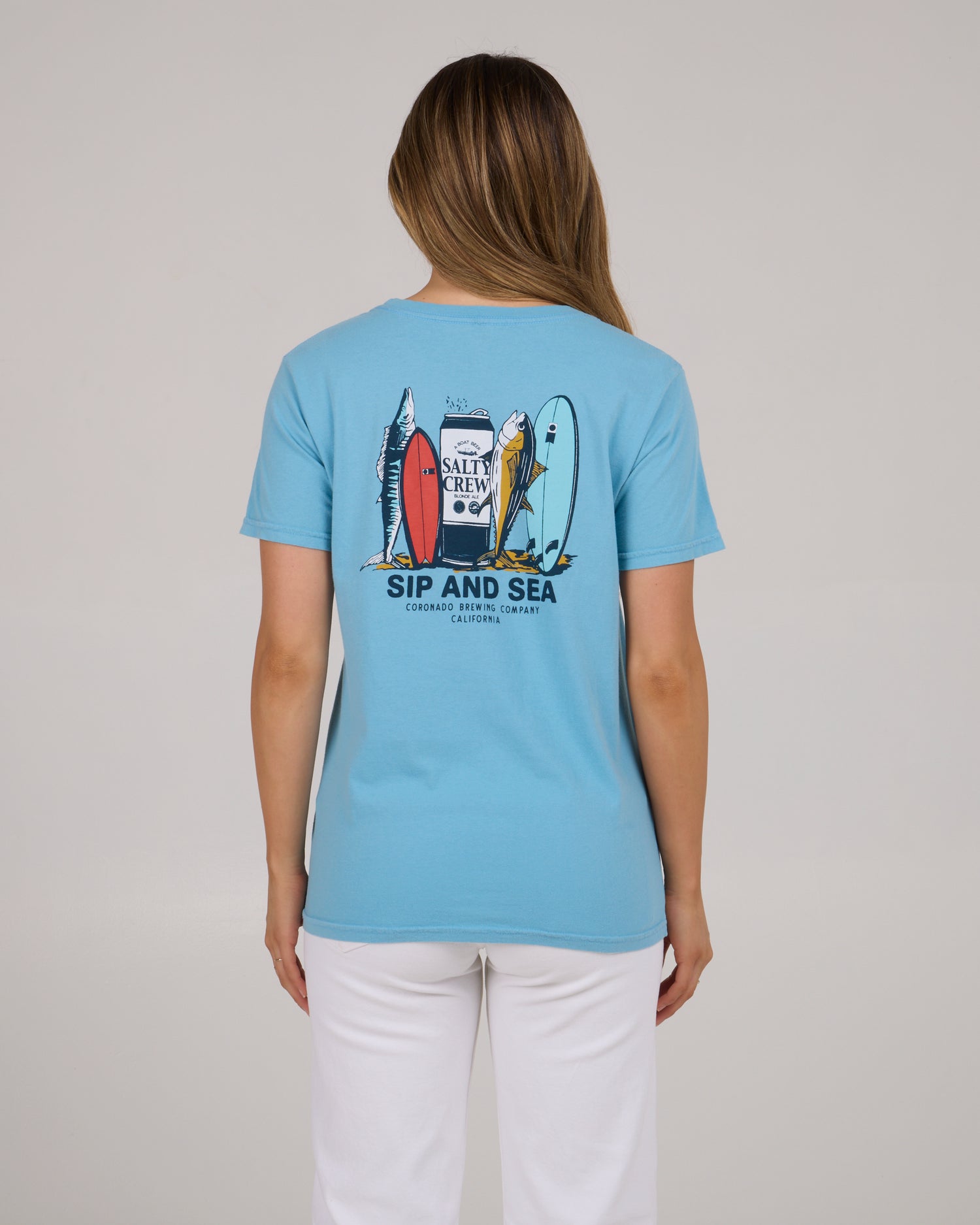 back view of Sip And Sea Boyfriend Tee - Lagoon Blue