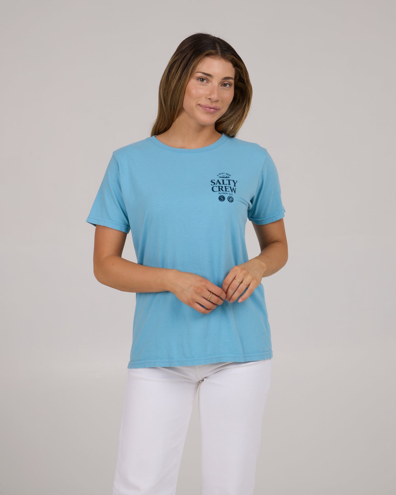 front view of Sip And Sea Boyfriend Tee - Lagoon Blue