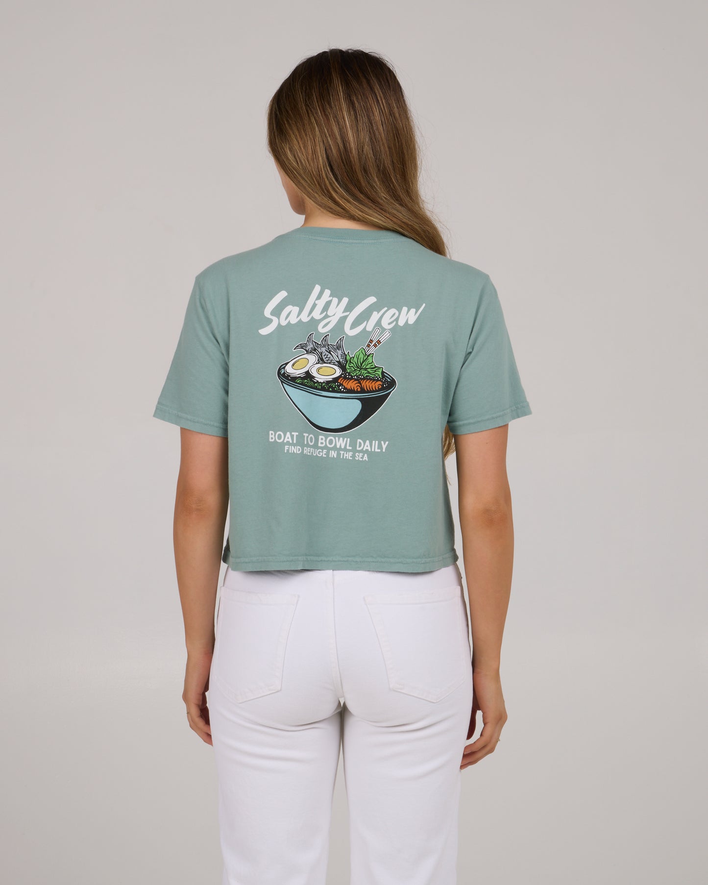 back view of Fish Bowl Crop Tee - Sage