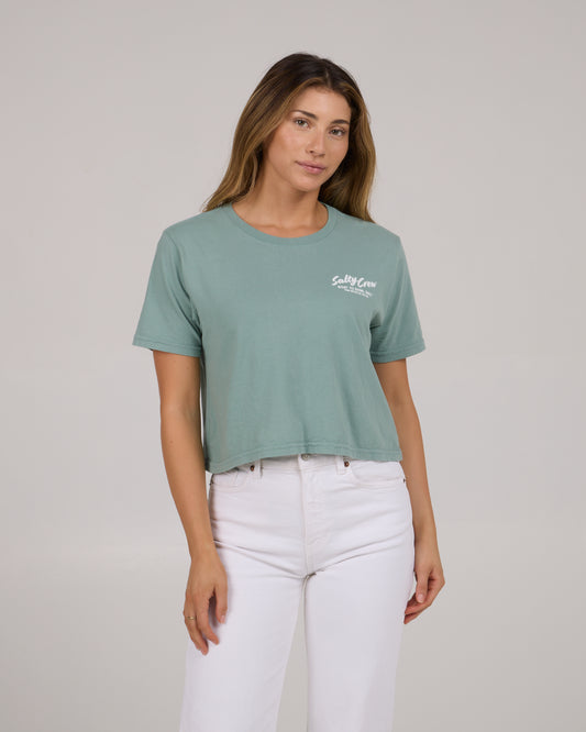 back view of Fish Bowl Crop Tee - Sage