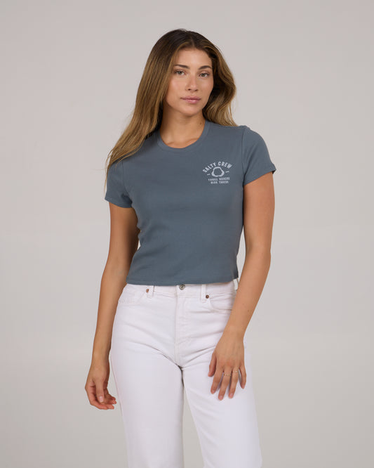 front view of Night Bite Baby Tee - Fin Blue