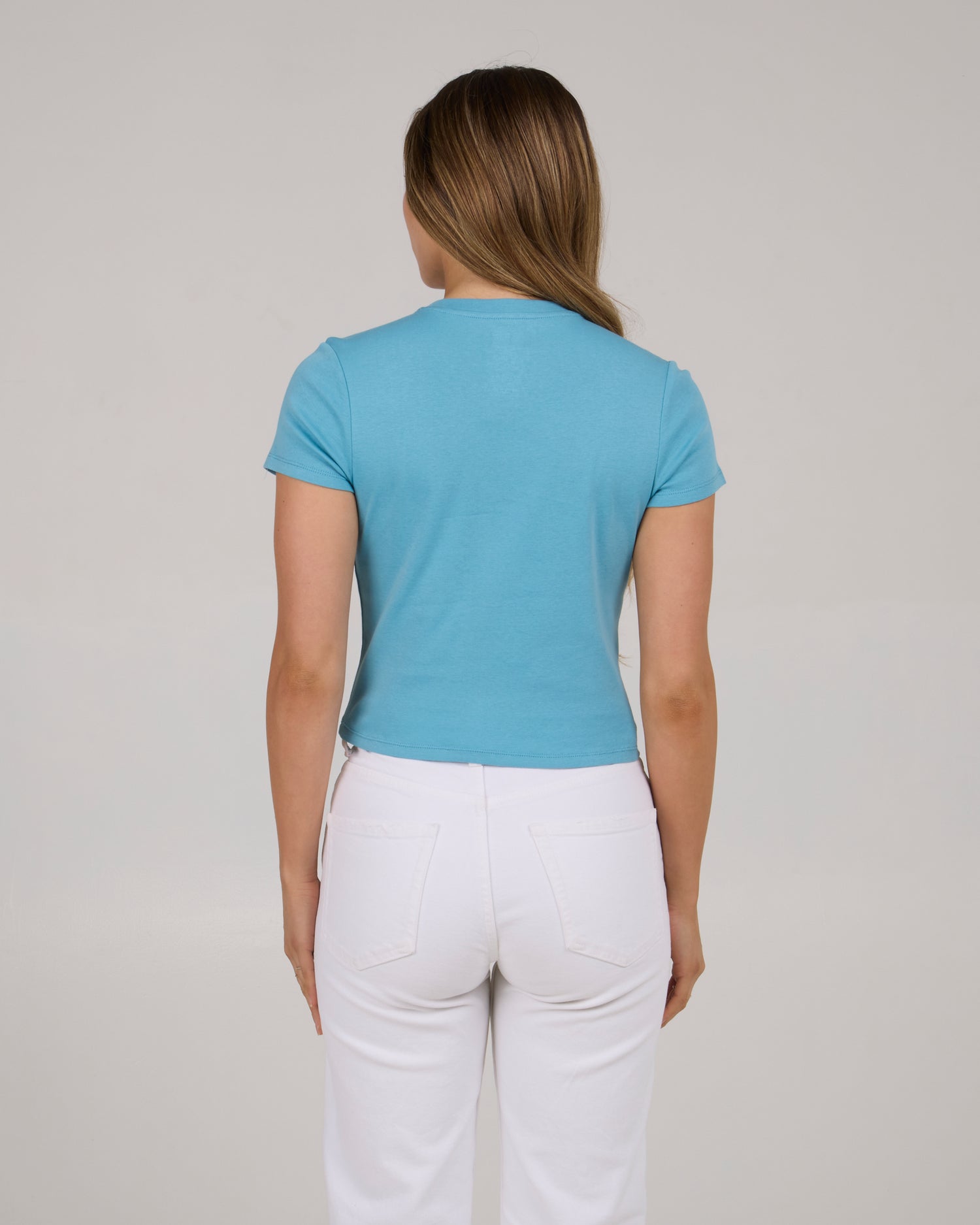 back view of Daybreak Baby Tee - Lagoon Blue 