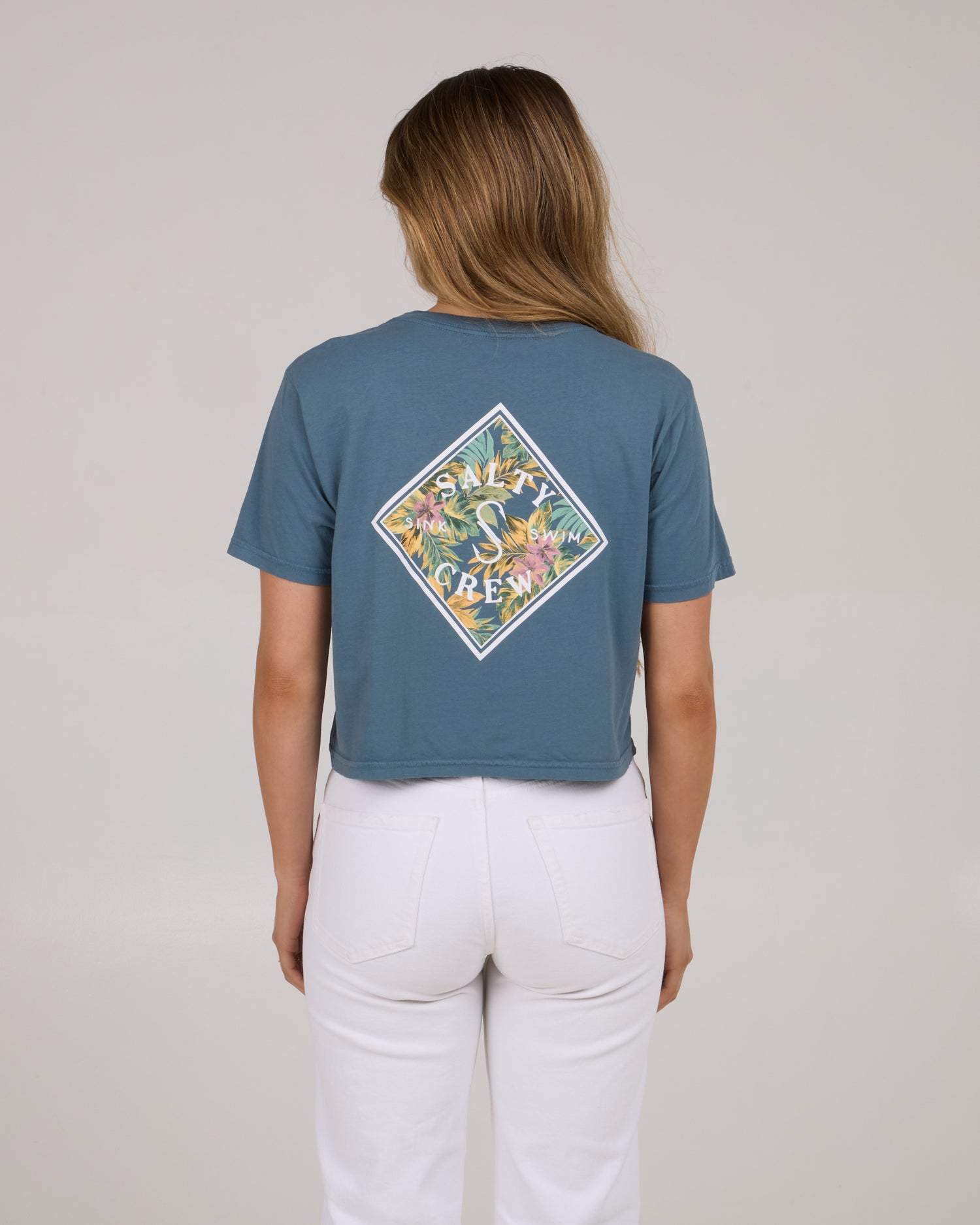 back view of Tippet Fill Crop Tee - Fin Blue