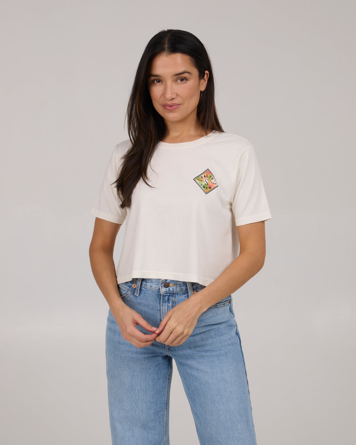 On body front view of Tippet Fill Crop Tee - Off White