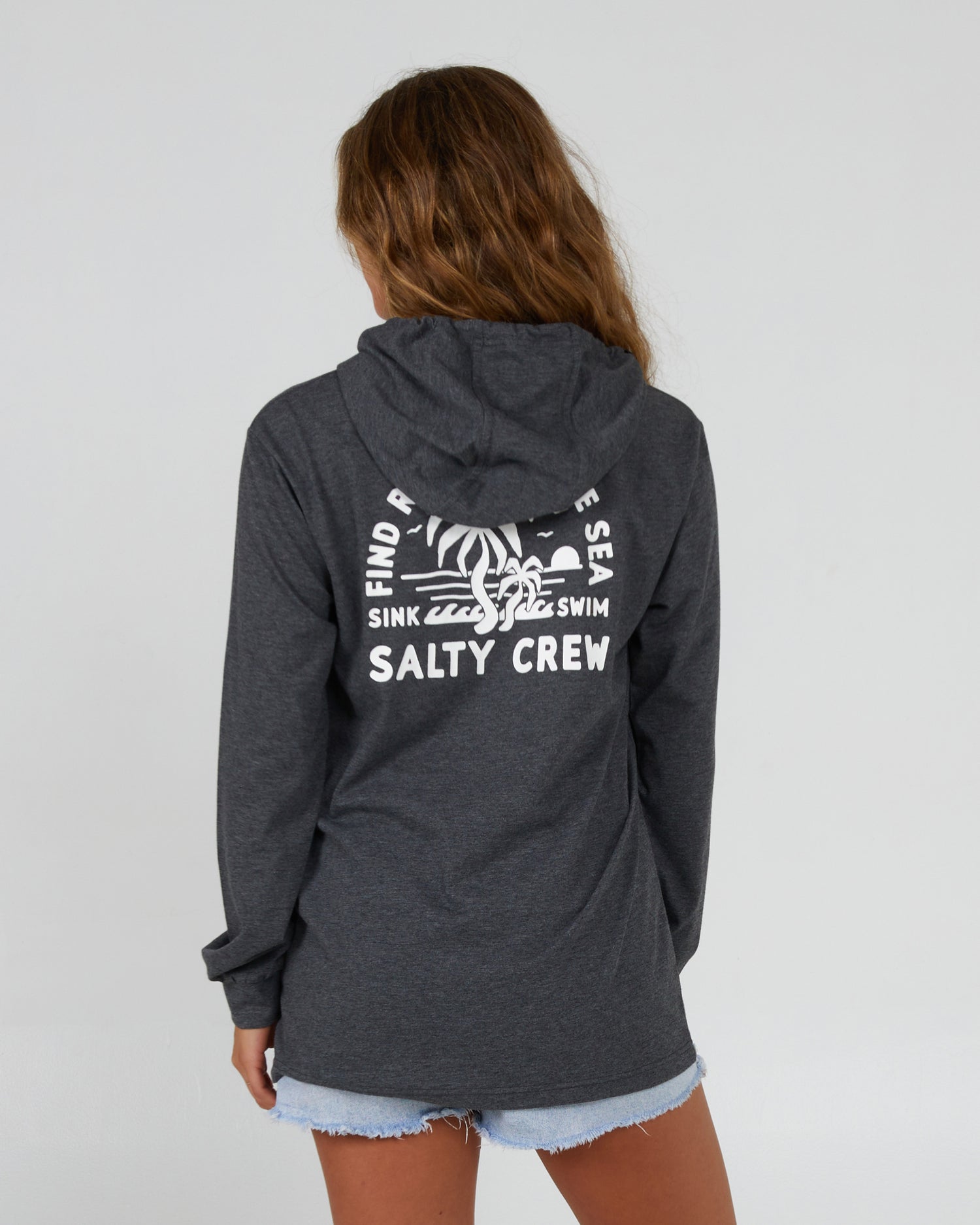 back view of Good Times Charcoal Hooded Tech Tee