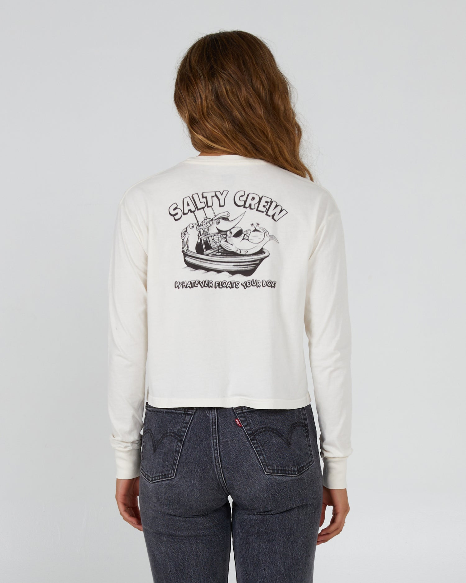 back view of Floats Your Boat Off White L/S Crop Tee