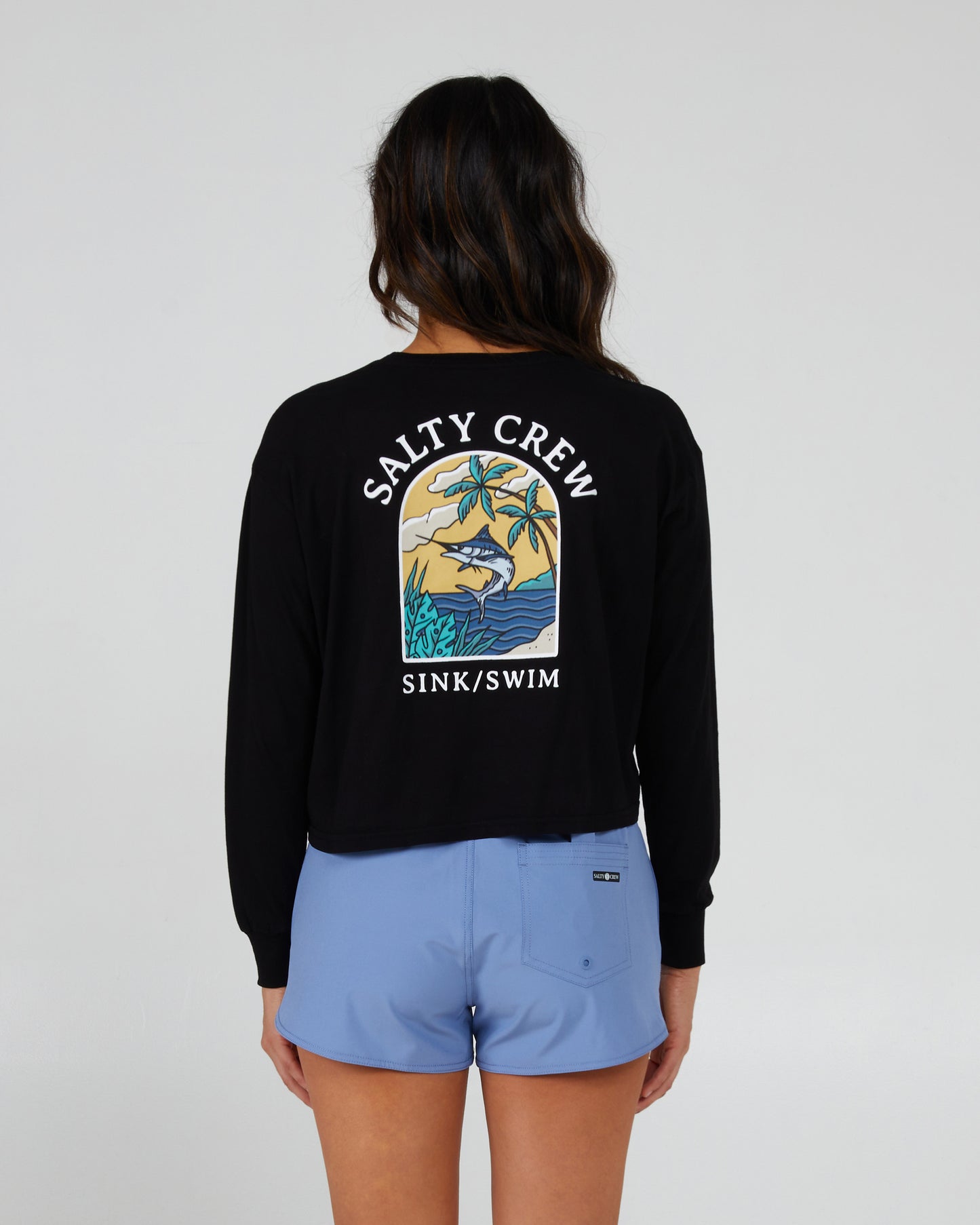 back view of Sail Away Black L/S Crop Tee