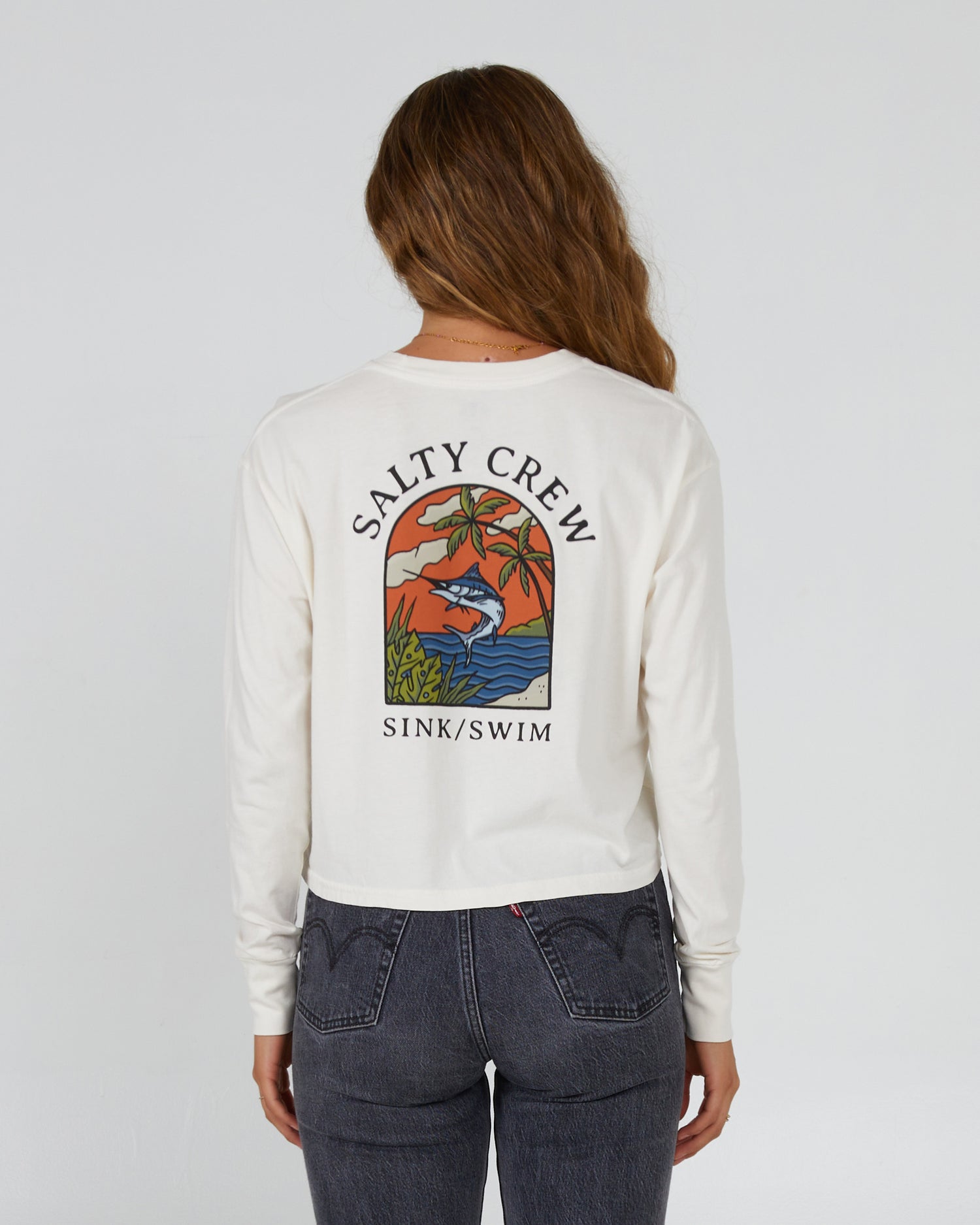 back view of Sail Away Off White L/S Crop Tee