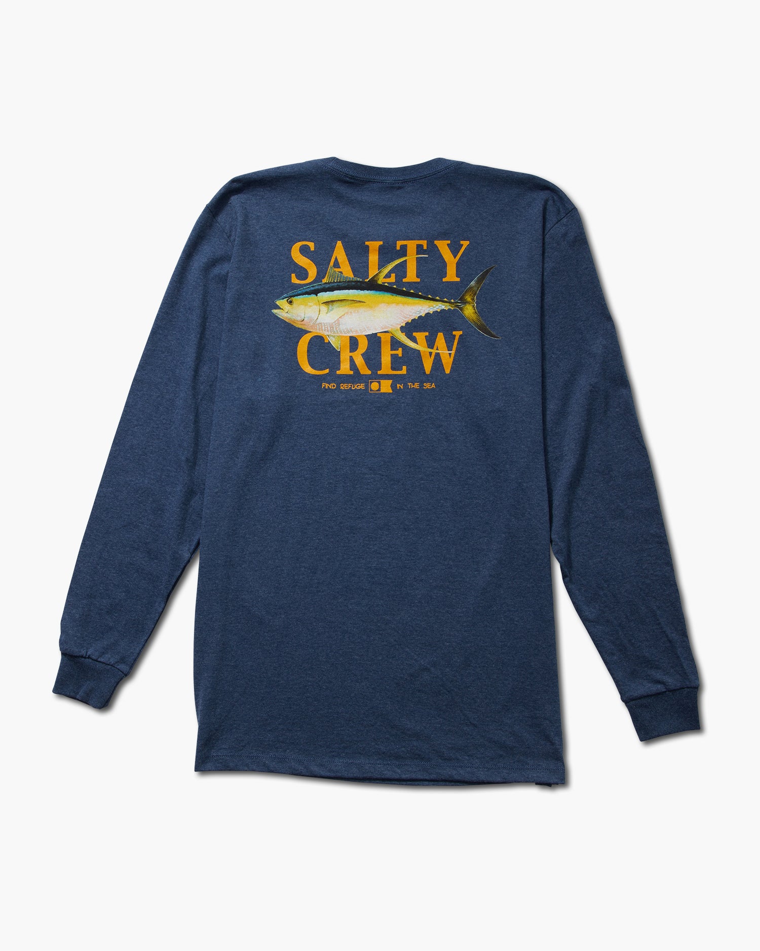 back view of Yellowfin Navy Heather L/S Classic Tee