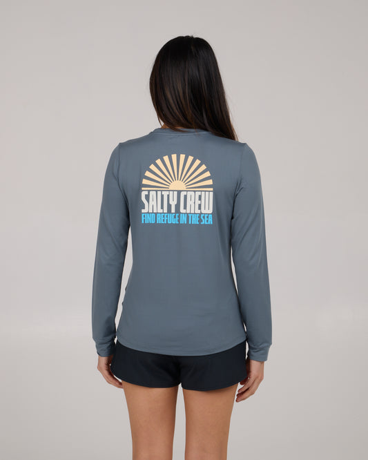 back view of In The Rays Sunshirt - Fin Blue