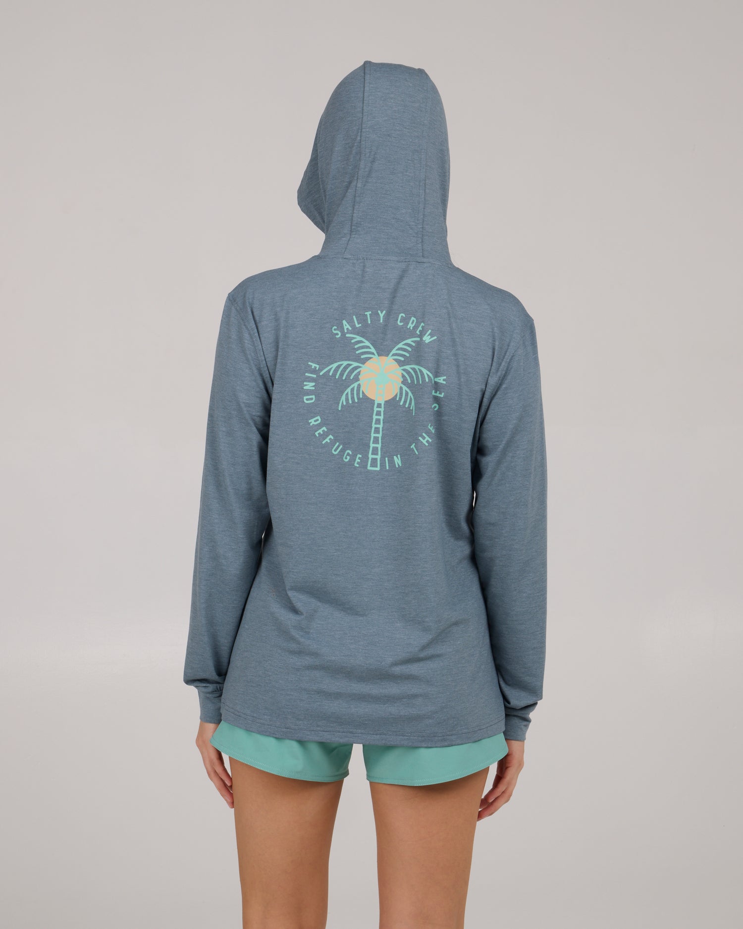 back view of Queen Palm Tech Hoodie - Fin Blue