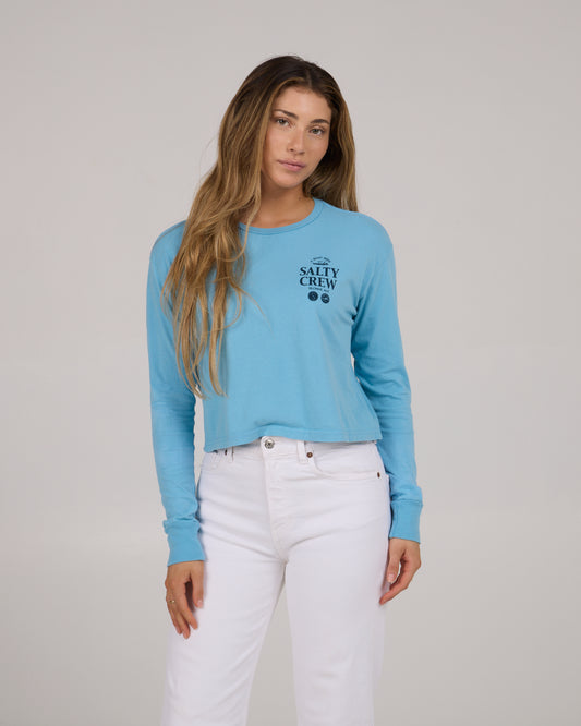 front view of Sip & Sea Long Sleeve Crop Tee - Lagoon Blue