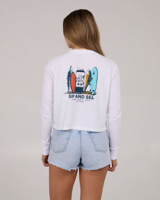 back view of Sip & Sea Long Sleeve Crop Tee - White