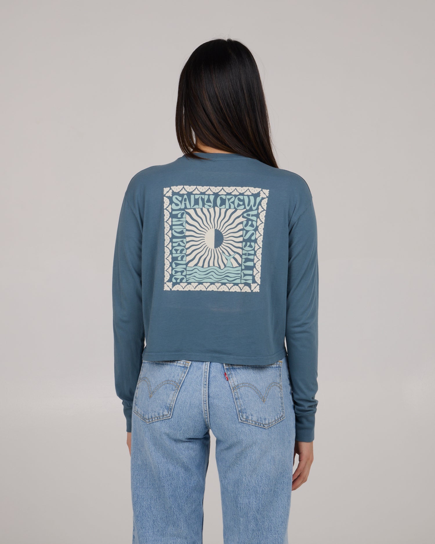 back view of Optic Sea Long Sleeve Crop Tee - Fin Blue