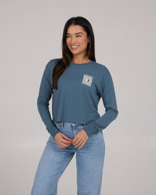 front view of Optic Sea Long Sleeve Crop Tee - Fin Blue