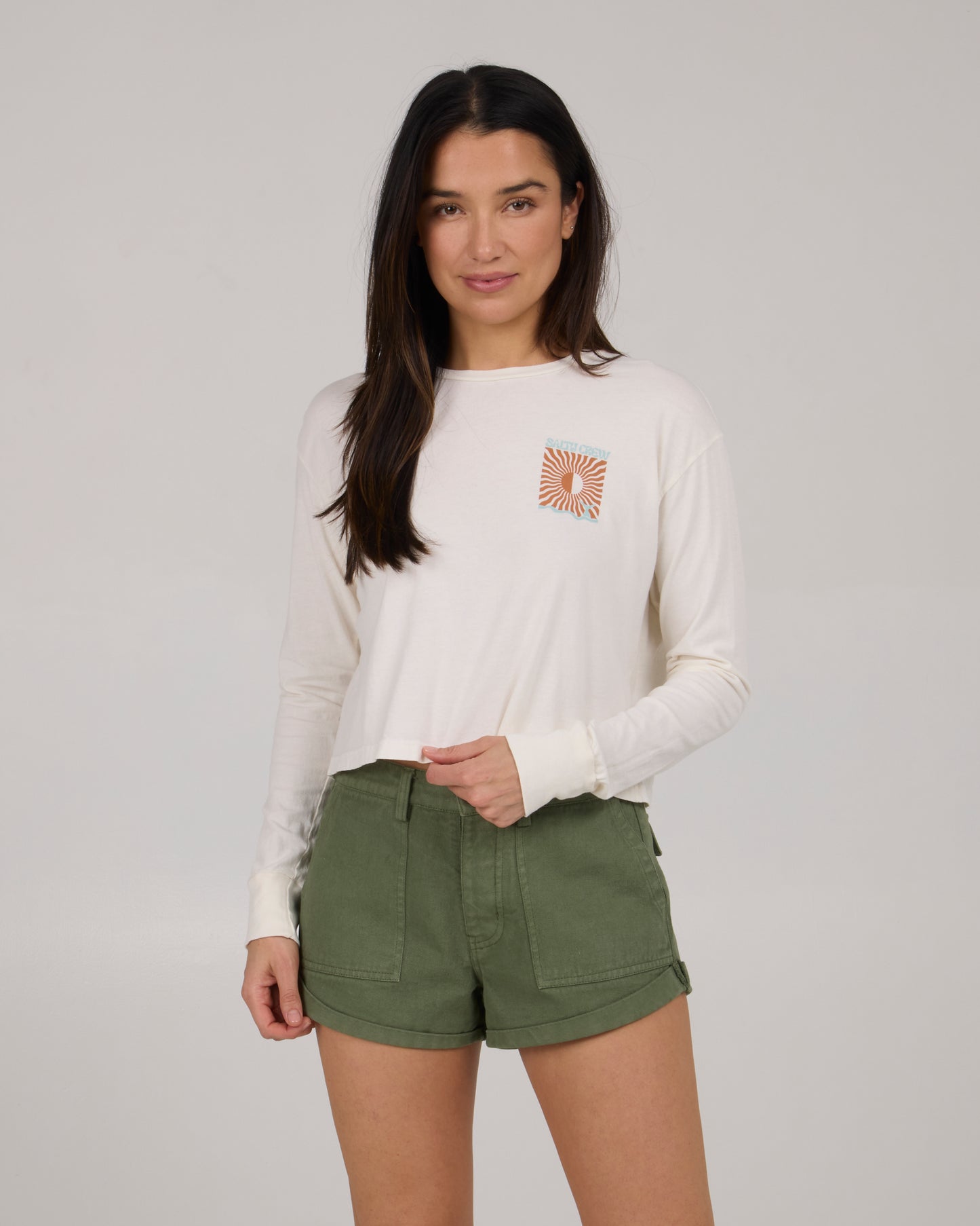 front view of Optic Sea Long Sleeve Crop Tee - Off White