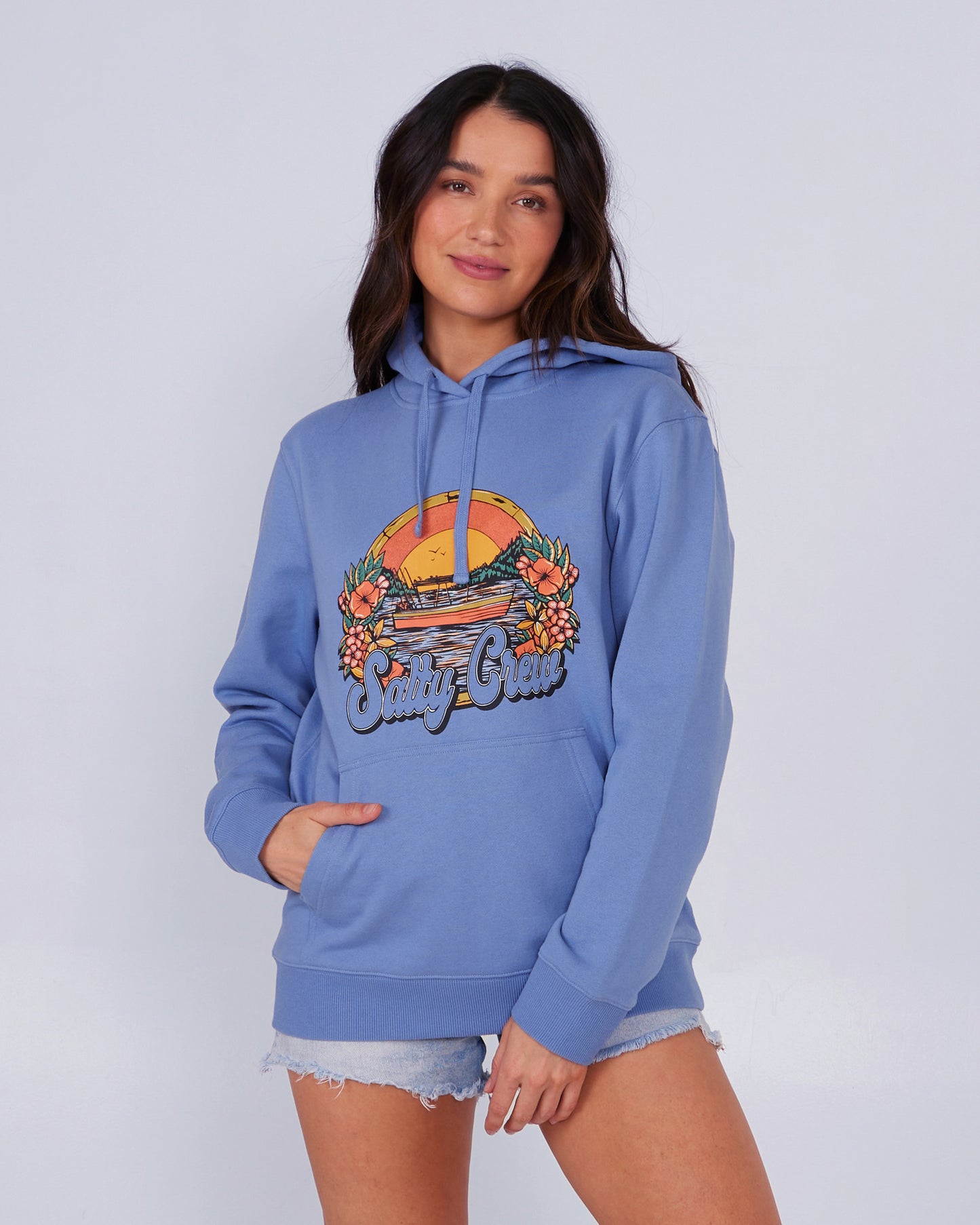 front view of On Vacation Blue Dusk Hoody