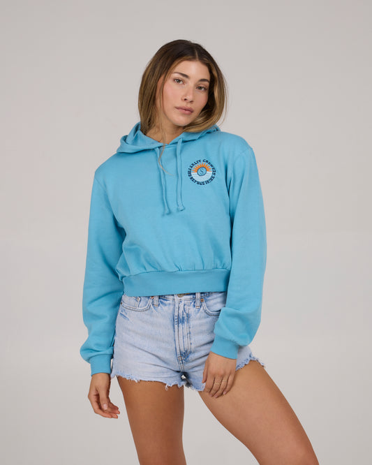 front view of Daybreak Crop Hoodie - Lagoon Blue