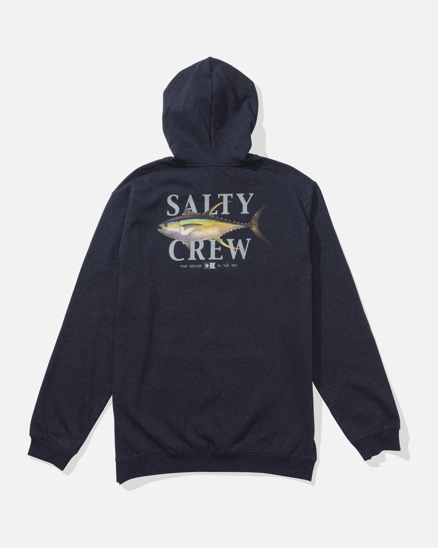 back view of Yellowfin Fleece Hoodie - Navy/Heather