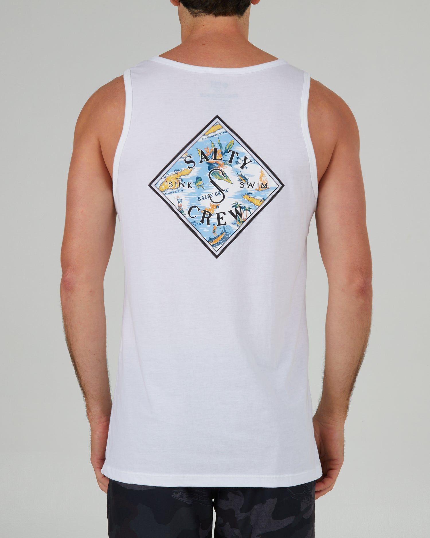 back view of Tippet Tropics White Tank