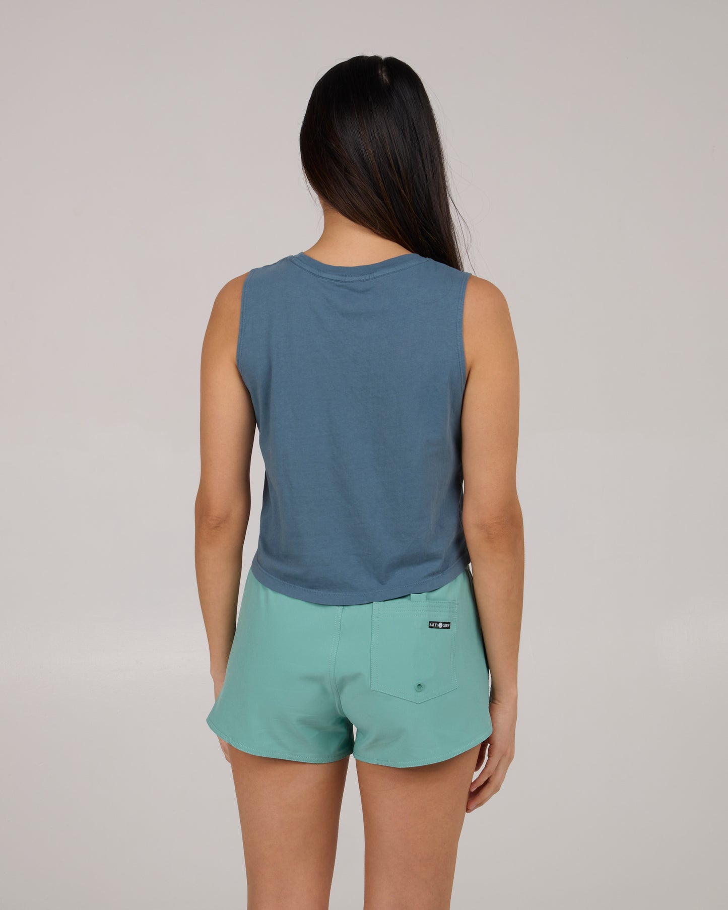 back view of Queen Palm Cropped Tank - Fin Blue