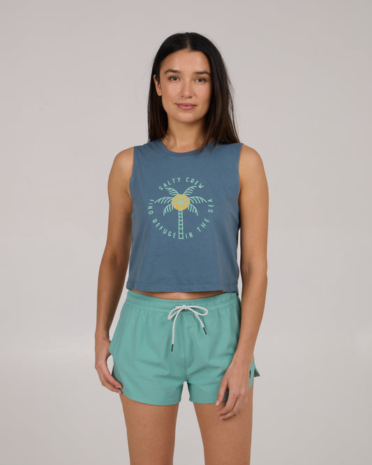 front view of Queen Palm Cropped Tank - Fin Blue