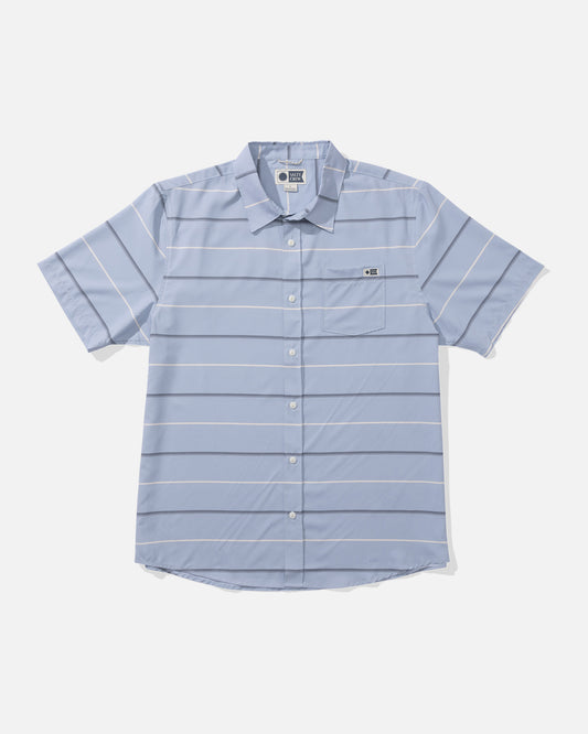 Front view of the Skipper UV Button Up - Blue Fog. 