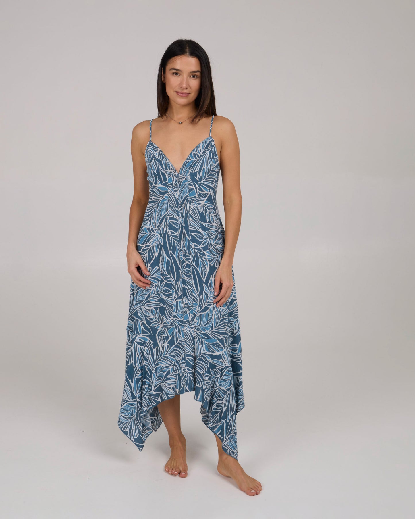 On body front of the Mainland Midi Dress - Fin Blue. 