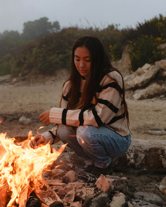 Lifestyle shot of the Lighthouse Crew Fleece - Oatmeal/Black. 