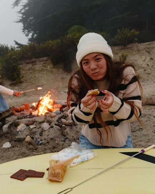 Lifestyle shot of the Breezer Beanie - Off White. 