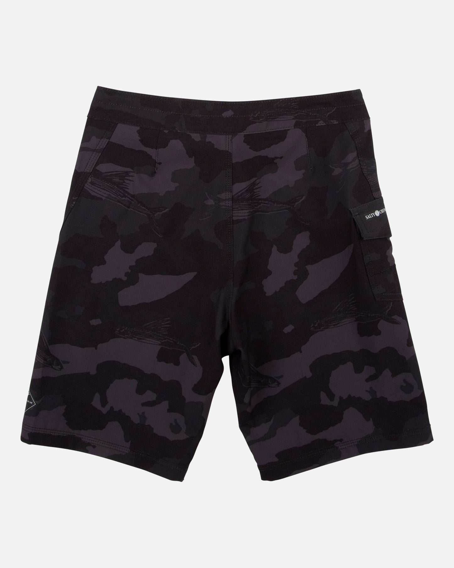 Back view of the Lowtide Boys Black Camo Boardshort. 