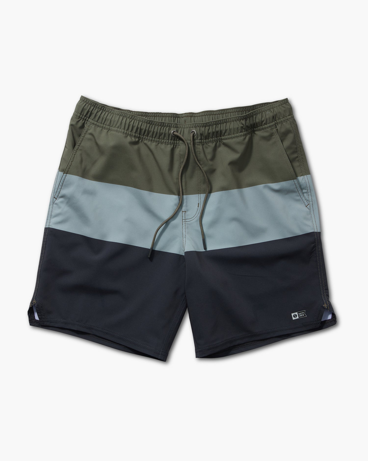 front view of Wayfinder Olive Elastic Boardshort