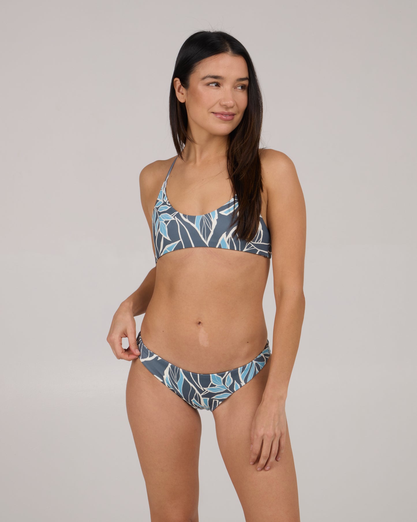 front view of Rattan Palms Reversable Midi Bikini Bottom - Fin Blue