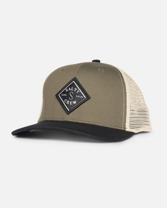 front view of Sealine Boys Retro Trucker Hat- Olive/Black