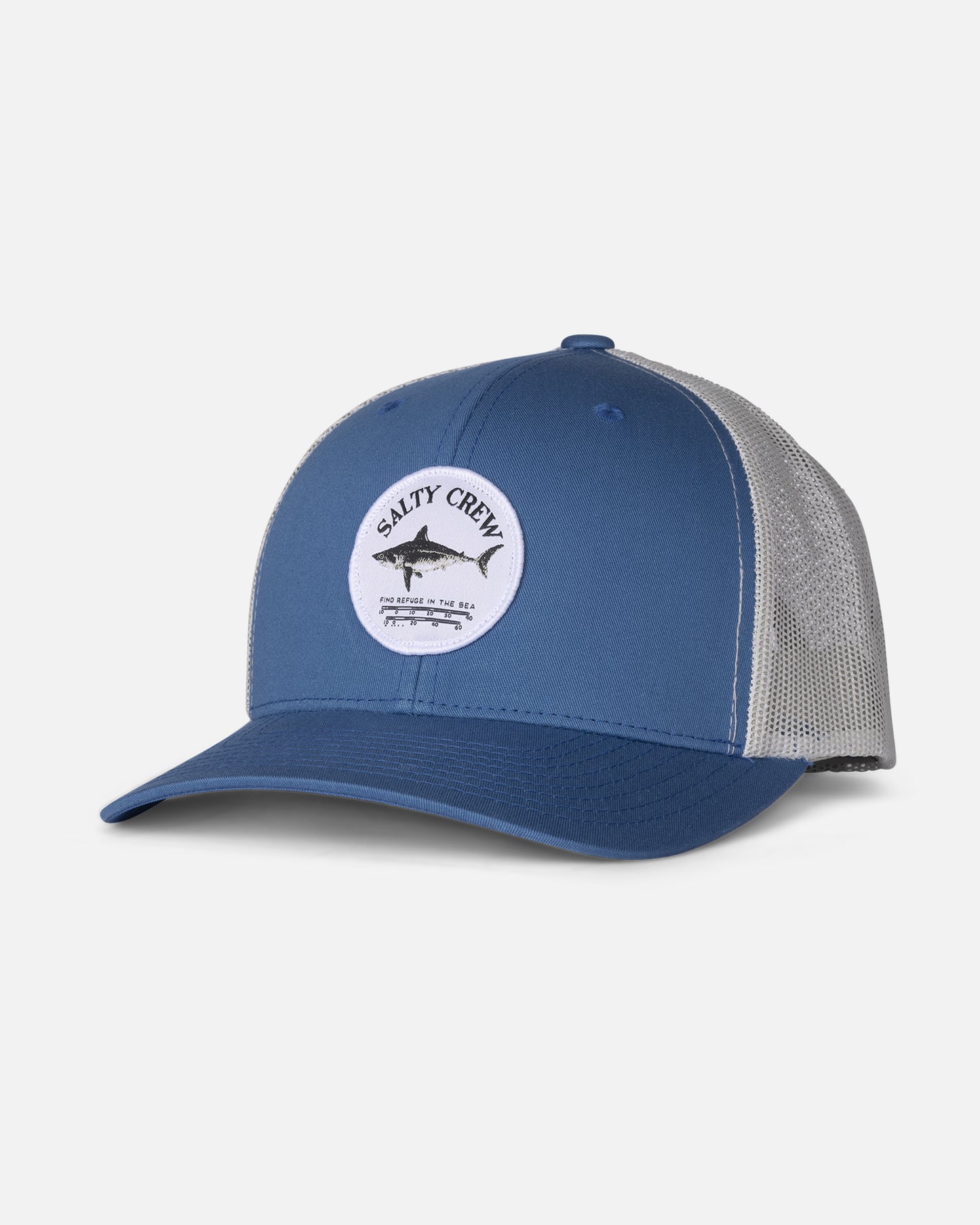 front view of Bruce Retro Trucker Hat - Steel Blue/Silver