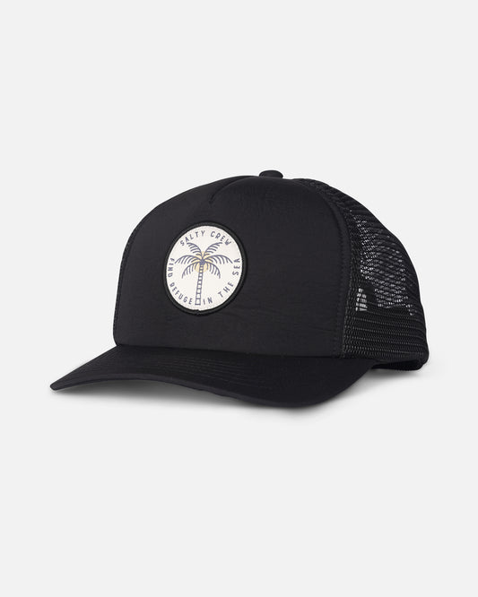 front view of Queen Palm Trucker Hat - Black