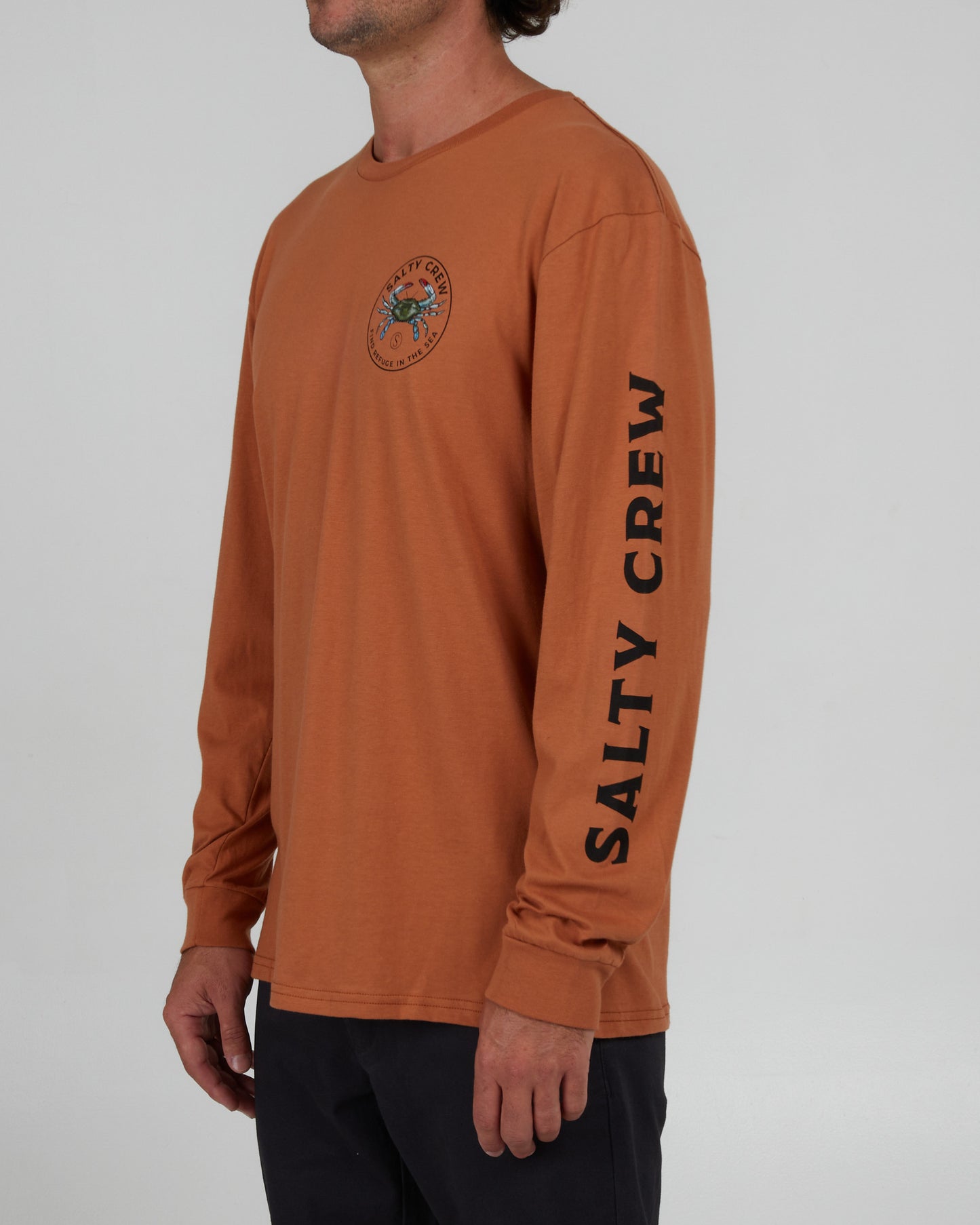 side angled view of Blue Crabber Sierra L/S Premium Tee