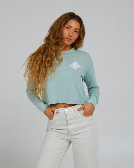 front view of Board Meeting Cloud Blue L/S Crop