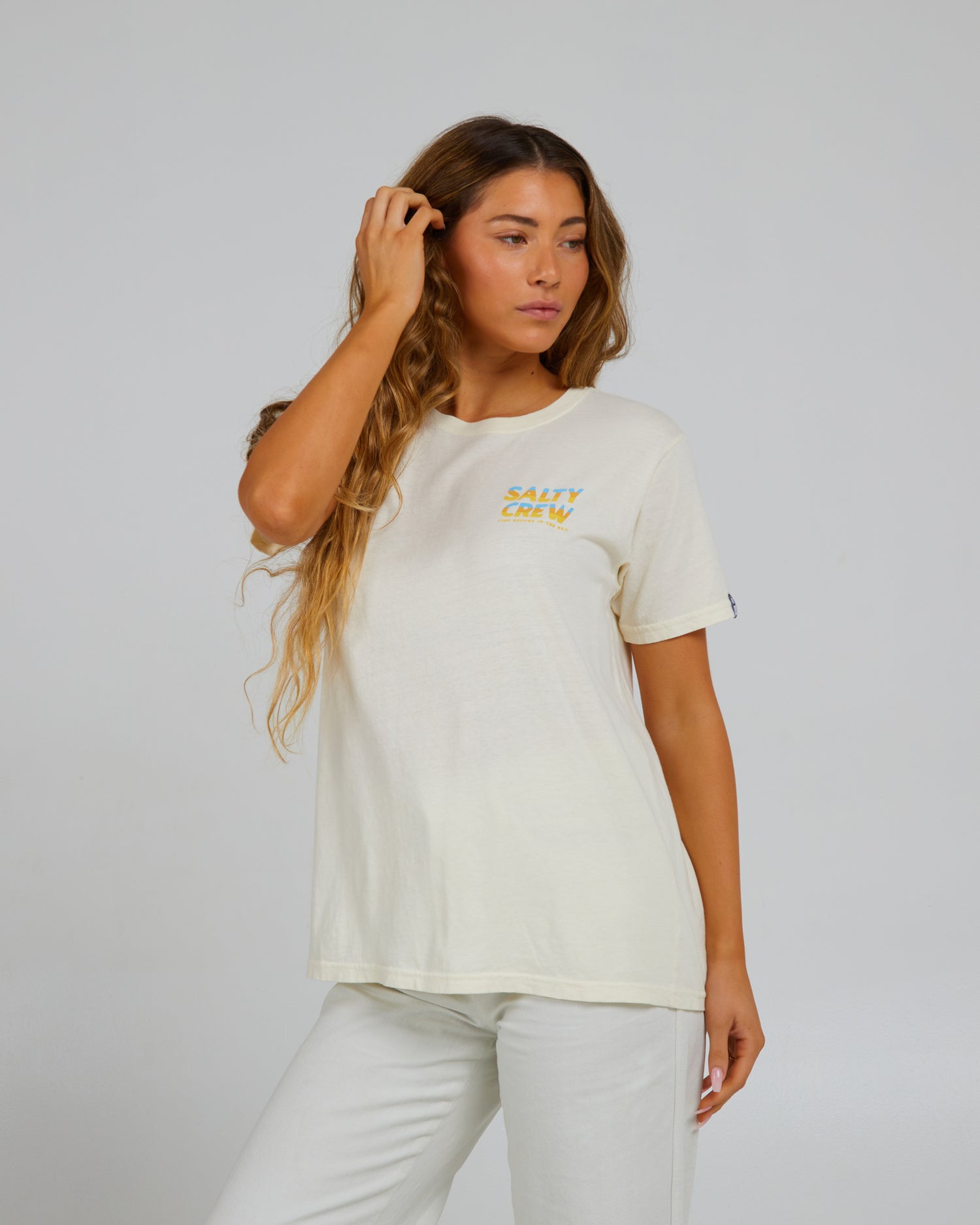 front view of Boardwalk Off White Boyfriend Tee