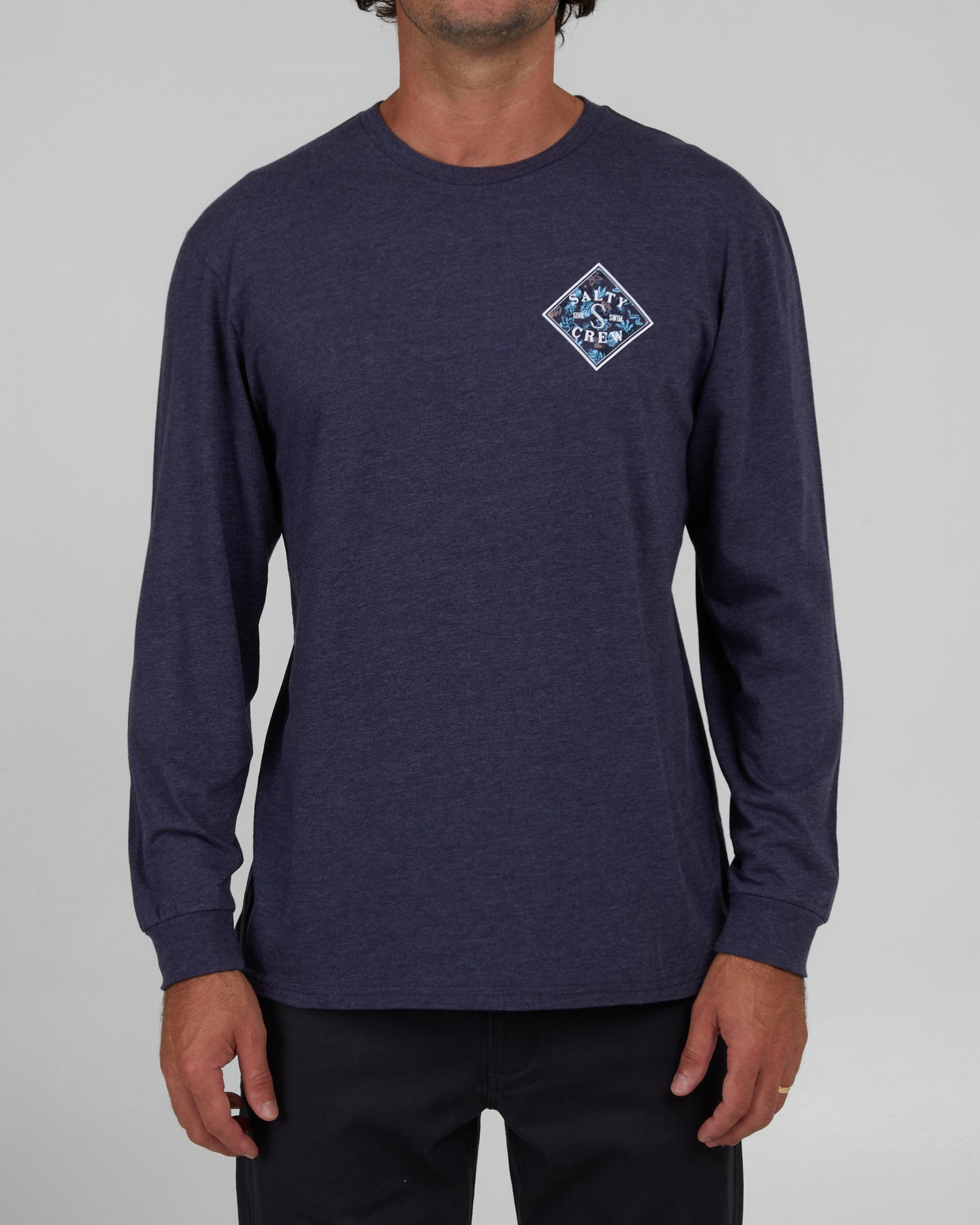 front view of Choppy Tippet Fill Navy Heather L/S Premium Tee