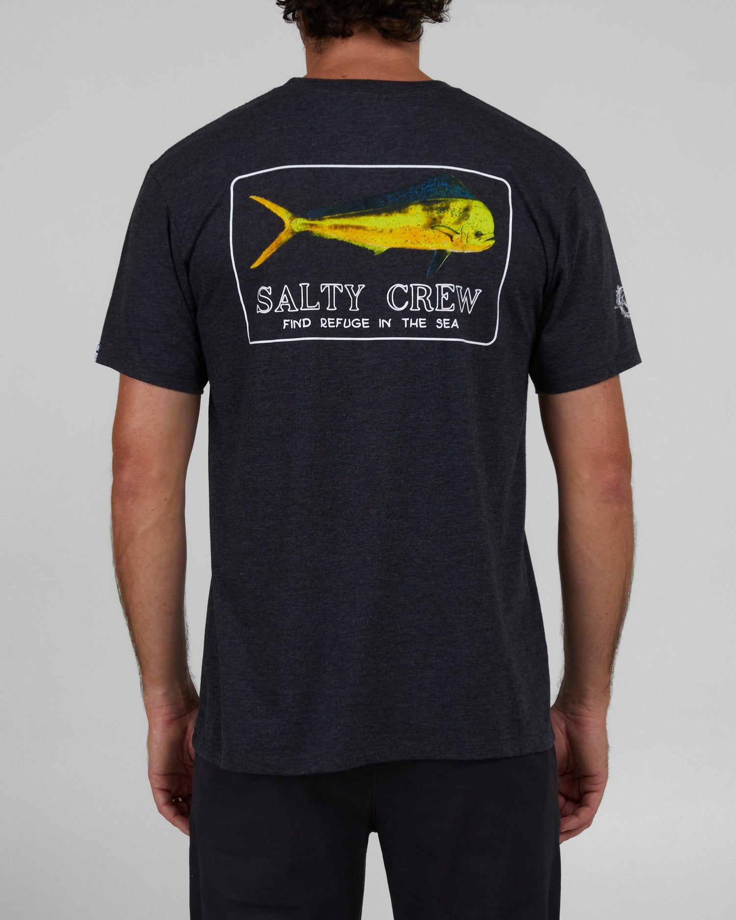 back view of Golden Mahi Charcoal Heather S/S Premium Tee