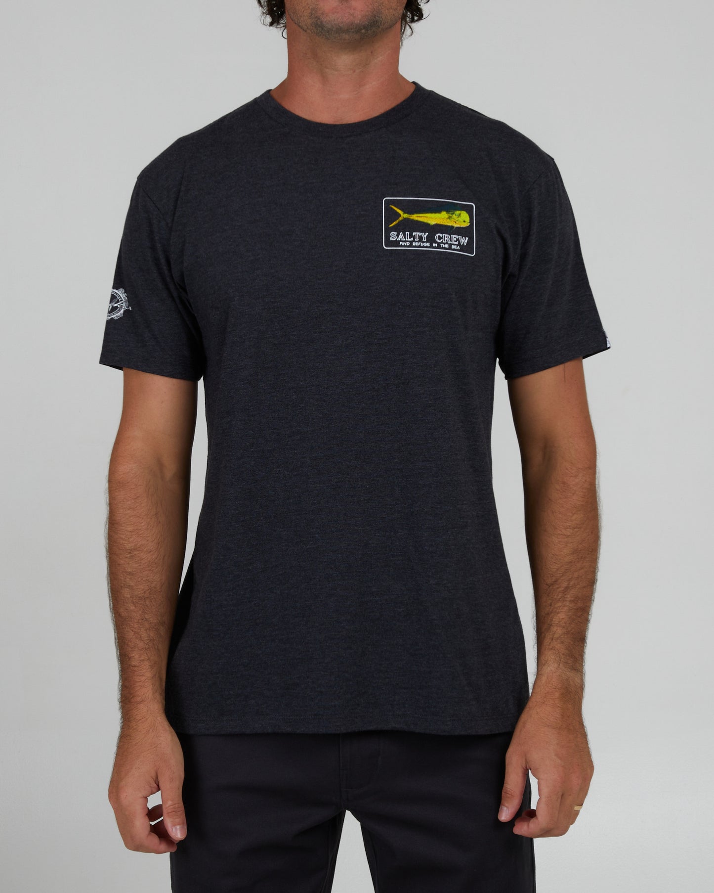 front view of Golden Mahi Charcoal Heather S/S Premium Tee