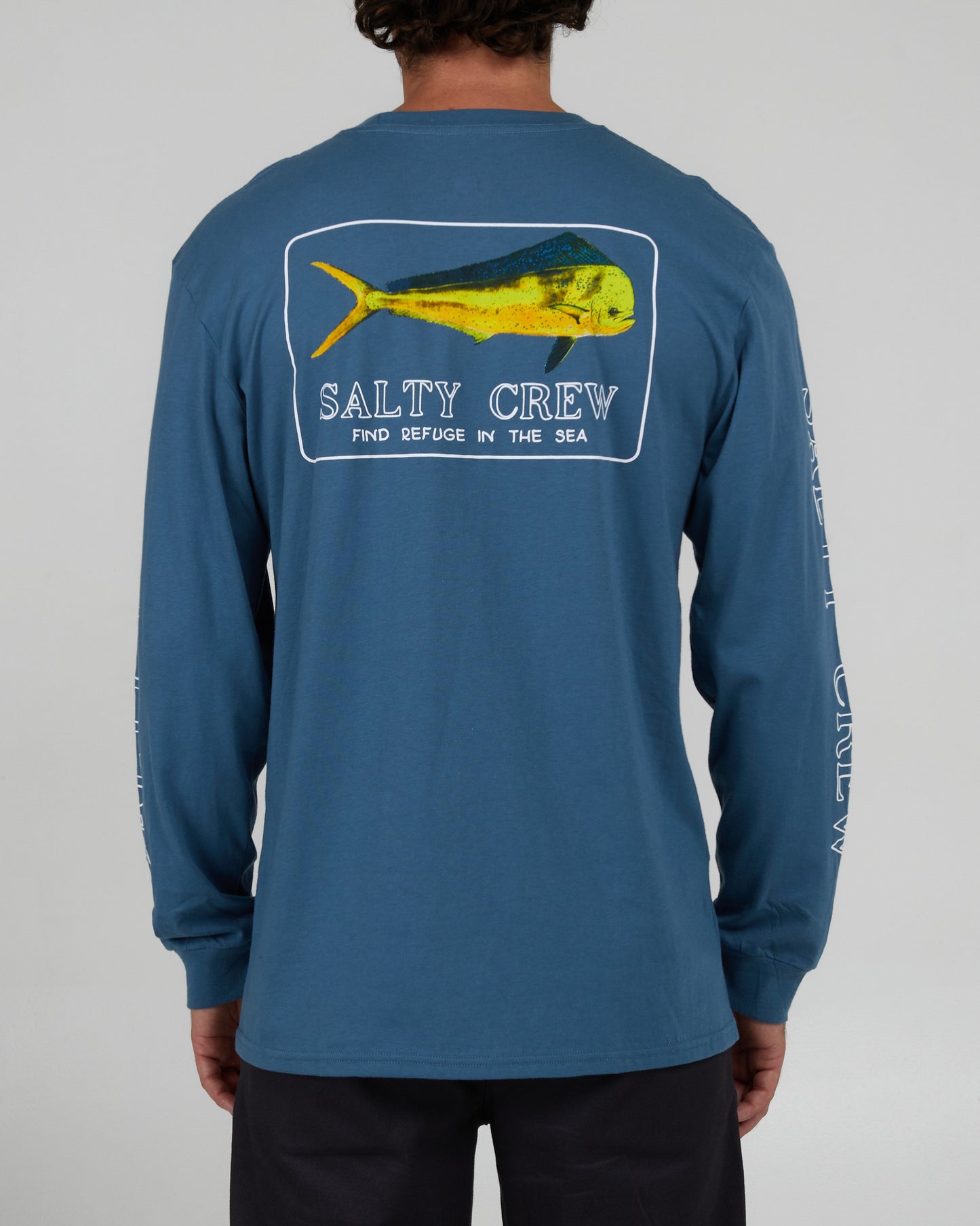 back view of Golden Mahi Slate L/S Premium Tee