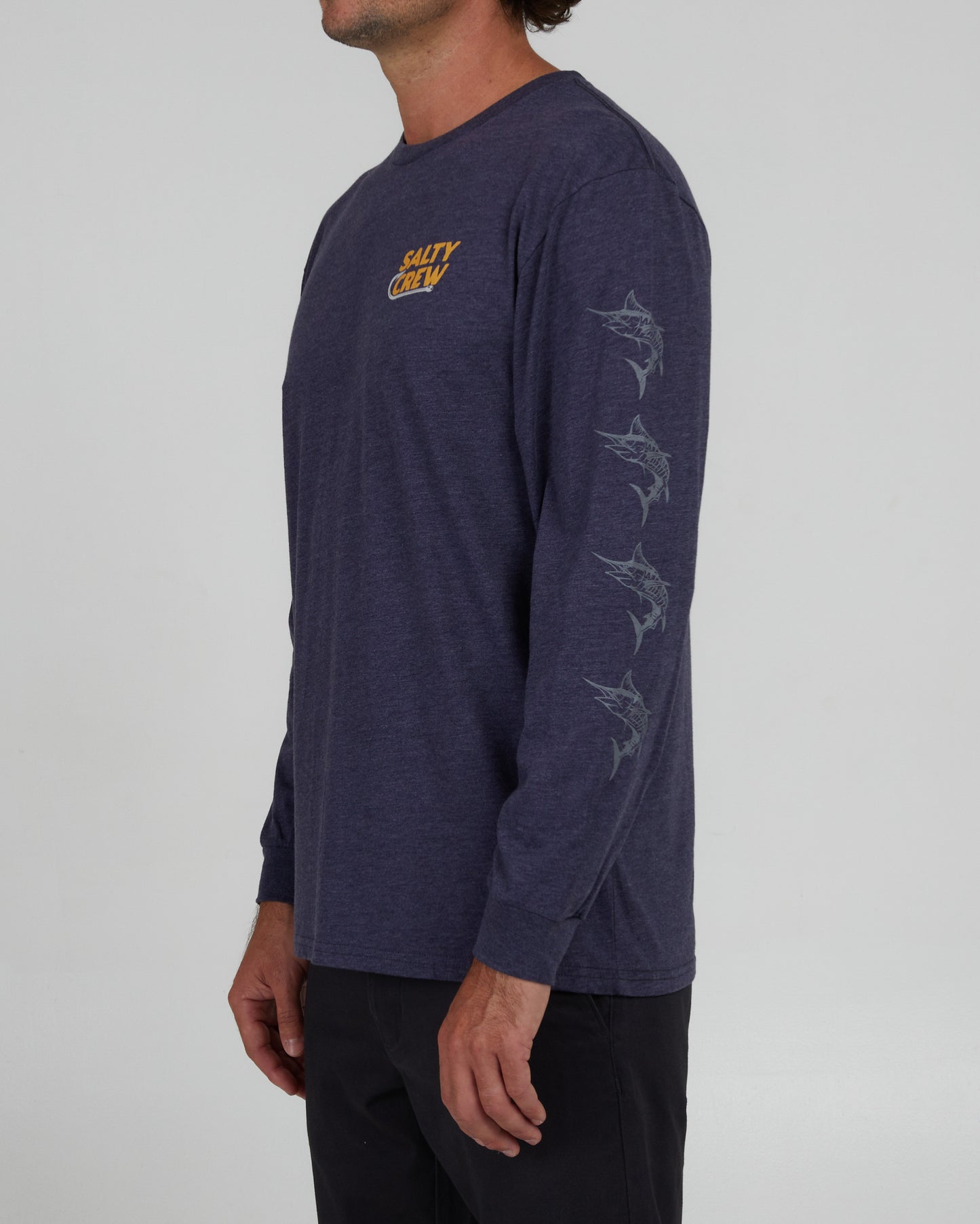 front angled view of Hook Up Navy Heather L/S Premium Tee