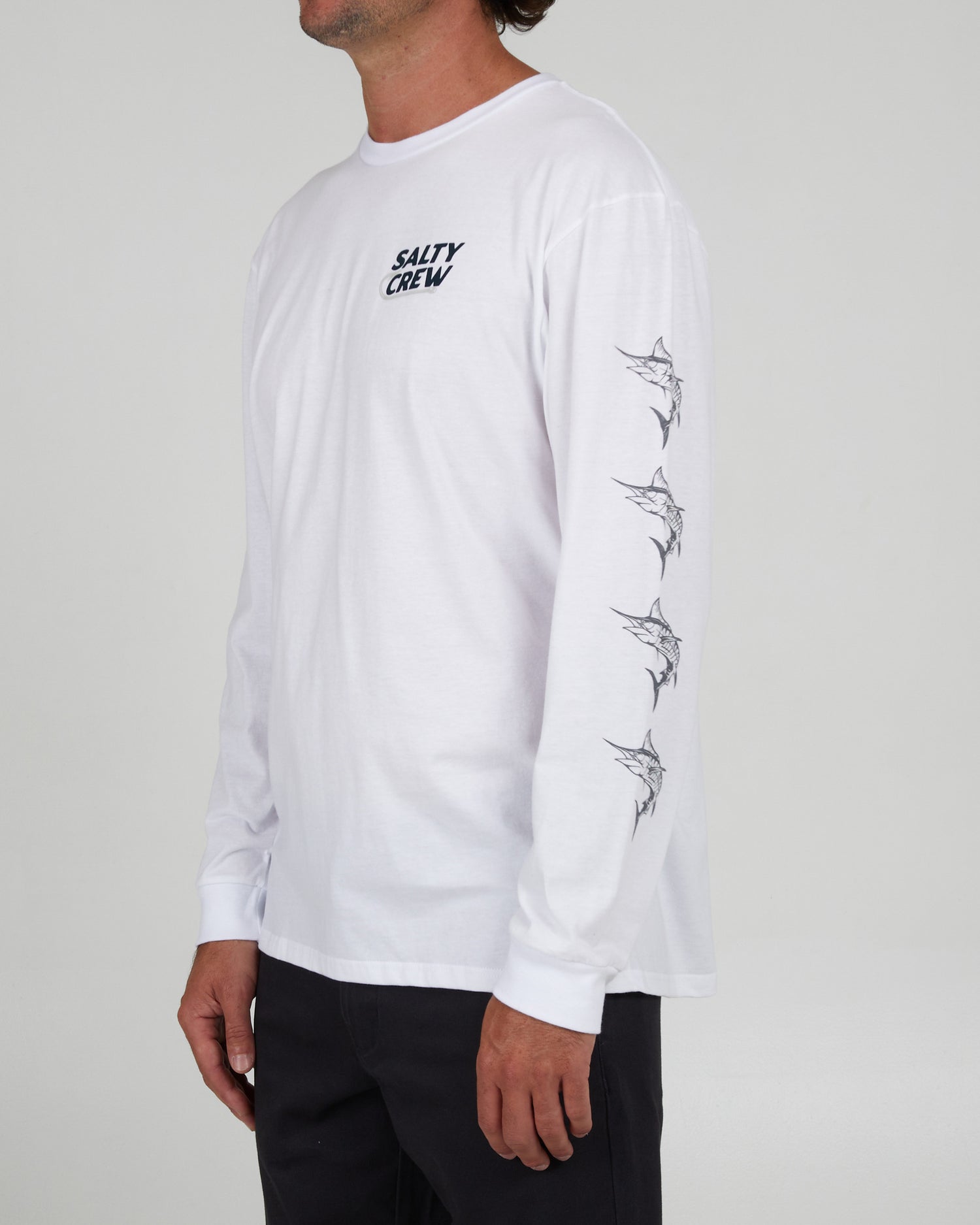 front angled view of Hook Up White L/S Premium Tee