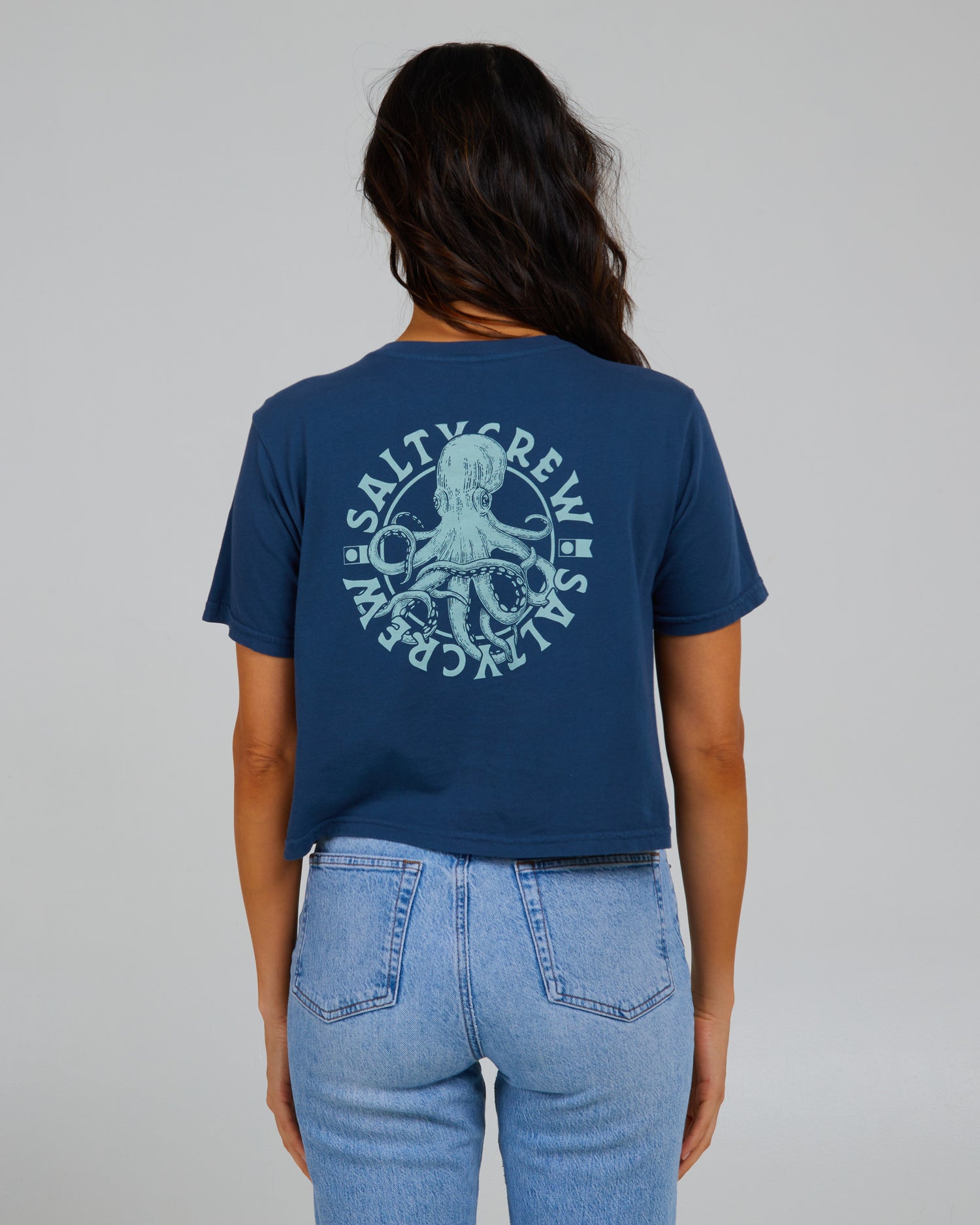 back view of My Friend Denim Crop Tee