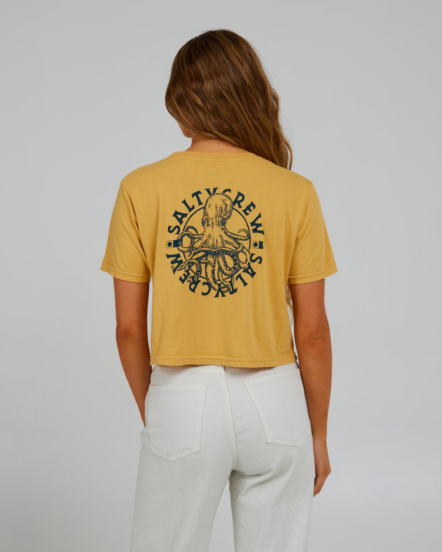 back view of My Friend Dusty Gold Crop Tee