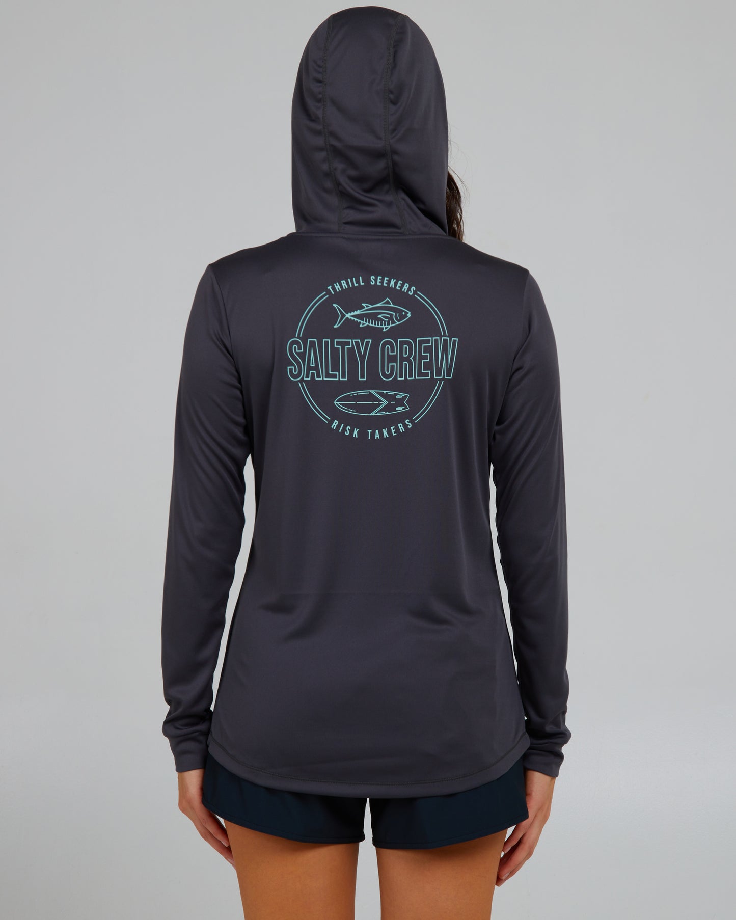 back view of Outlined Charcoal Hooded Sunshirt