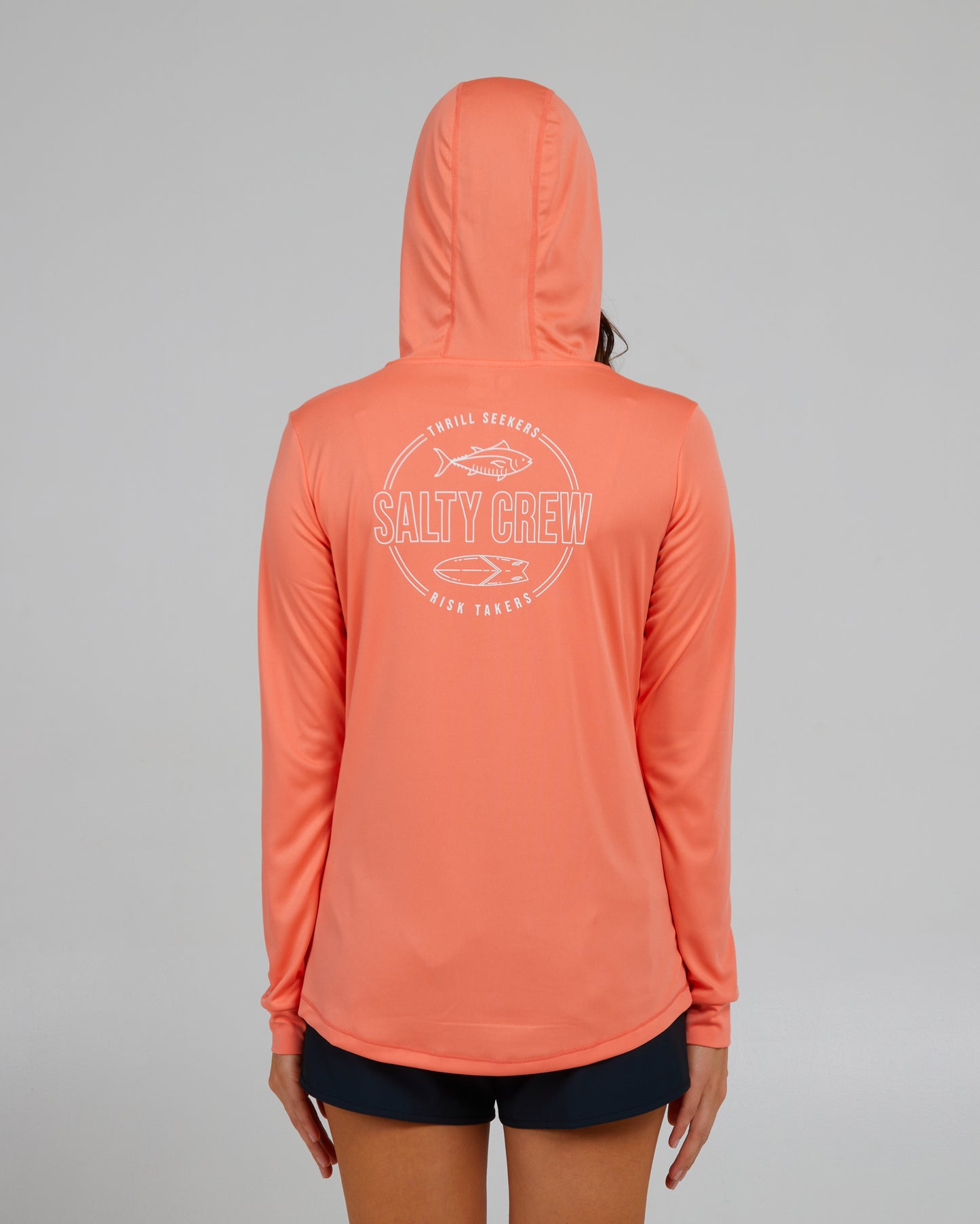 back view of Outlined Sunrise Coral Hooded Sunshirt