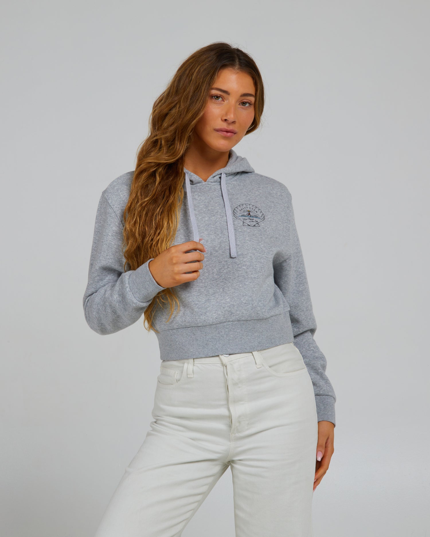 front view of Scallop Heather Crop Hoody